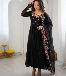 Women black georgette anarkali suit with heavy thread embroidery work, straight pant & dupatta set