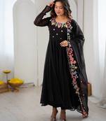 Women black georgette anarkali suit with heavy thread embroidery work, straight pant & dupatta set