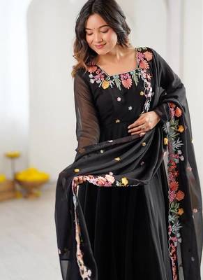 Women black georgette anarkali suit with heavy thread embroidery work, straight pant & dupatta set 2