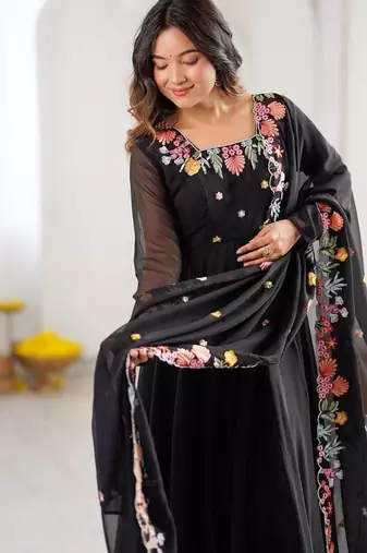 Women black georgette anarkali suit with heavy thread embroidery work, straight pant & dupatta set