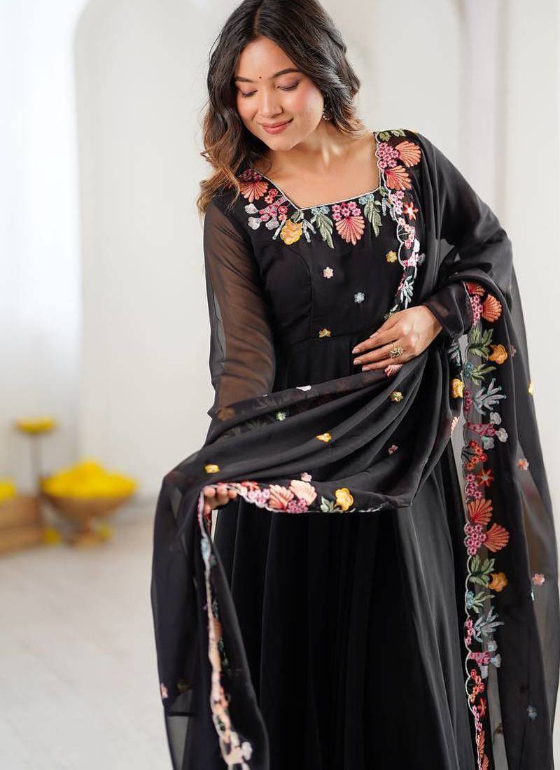 Women black georgette anarkali suit with heavy thread embroidery work, straight pant & dupatta set