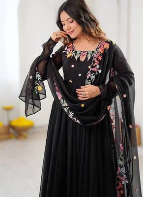 Women black georgette anarkali suit with heavy thread embroidery work, straight pant & dupatta set 3
