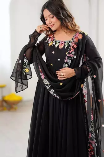 Women black georgette anarkali suit with heavy thread embroidery work, straight pant & dupatta set