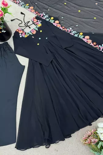 Women black georgette anarkali suit with heavy thread embroidery work, straight pant & dupatta set