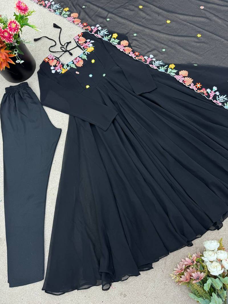 Women black georgette anarkali suit with heavy thread embroidery work, straight pant & dupatta set