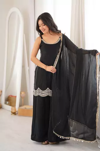 Partywear black strappy mirror work suit set