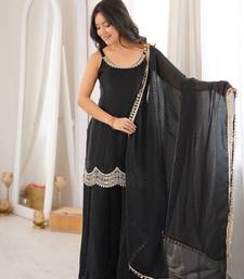 Partywear black strappy mirror work suit set