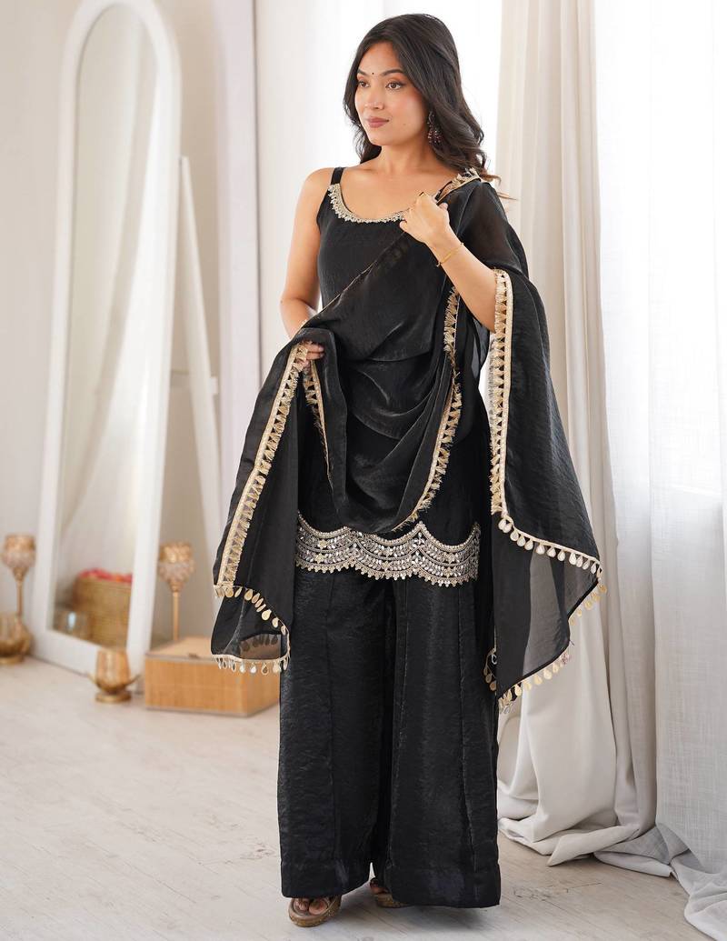 Partywear black strappy mirror work suit set