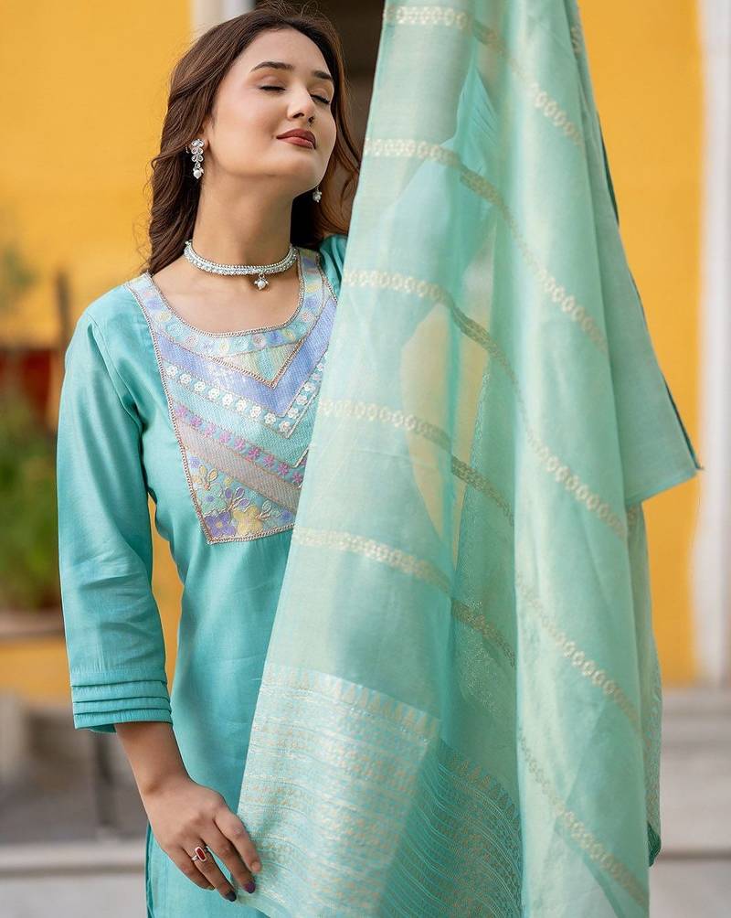 Floral Yoke Design Sequinned Chanderi Silk Straight Kurta With Trousers & Dupatta