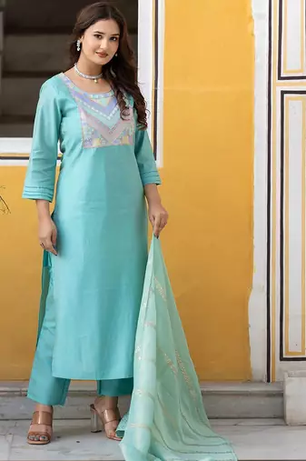 Floral Yoke Design Sequinned Chanderi Silk Straight Kurta With Trousers & Dupatta