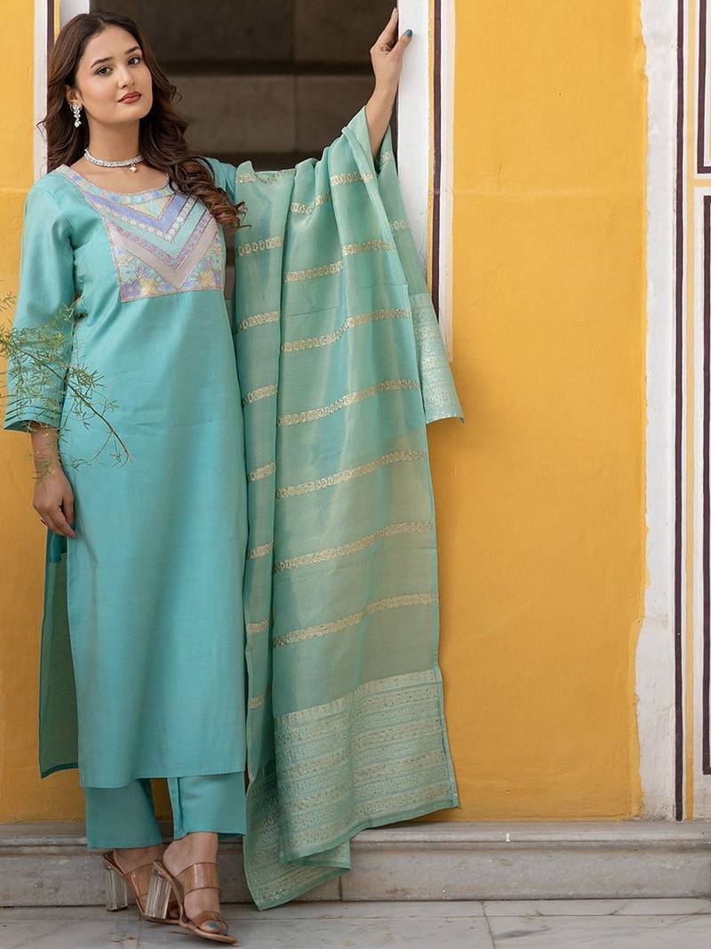 Floral Yoke Design Sequinned Chanderi Silk Straight Kurta With Trousers & Dupatta