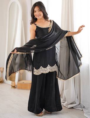 Partywear black strappy mirror work suit set 3