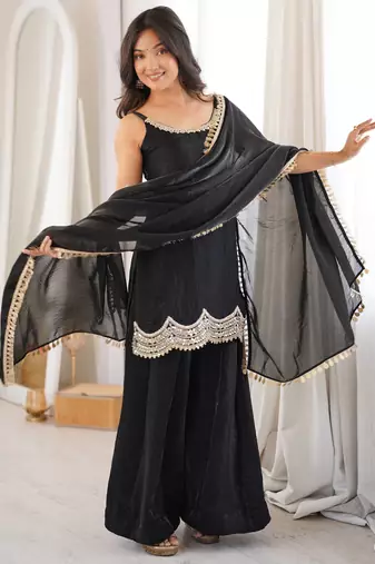Partywear black strappy mirror work suit set