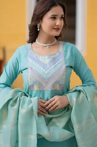 Floral Yoke Design Sequinned Chanderi Silk Straight Kurta With Trousers & Dupatta