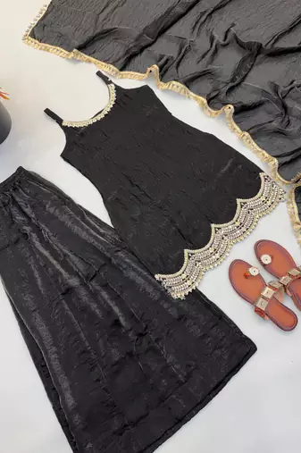 Partywear black strappy mirror work suit set
