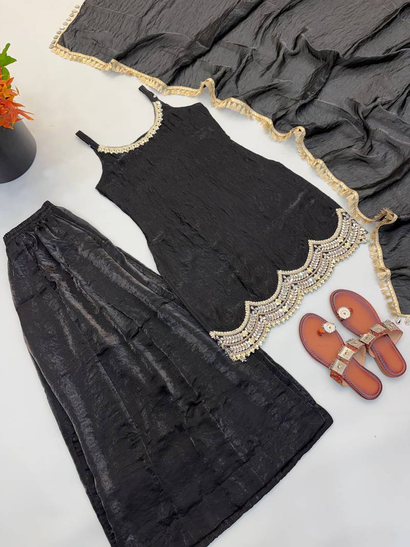 Partywear black strappy mirror work suit set