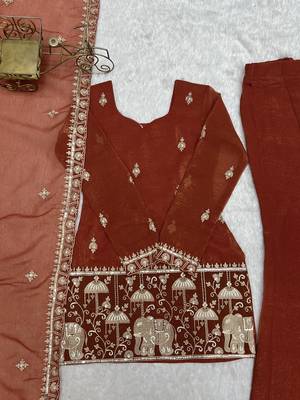 Rust embroidered kurti set with dupatta & pants 2