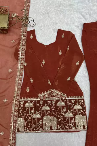 Rust embroidered kurti set with dupatta & pants