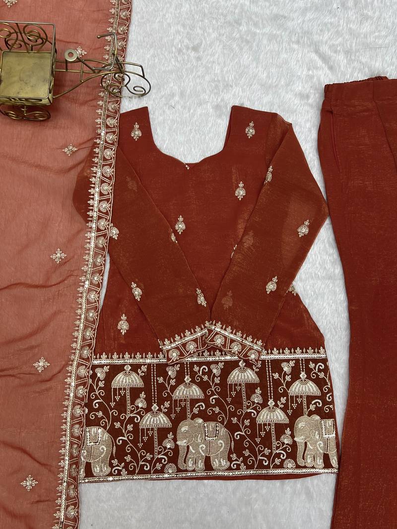 Rust embroidered kurti set with dupatta & pants