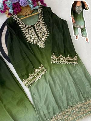 Green chinon kurta pant set with real mirror work 2