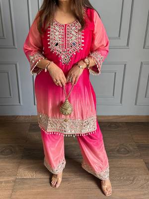 Rani pink chinon kurta pant set with real mirror work 1