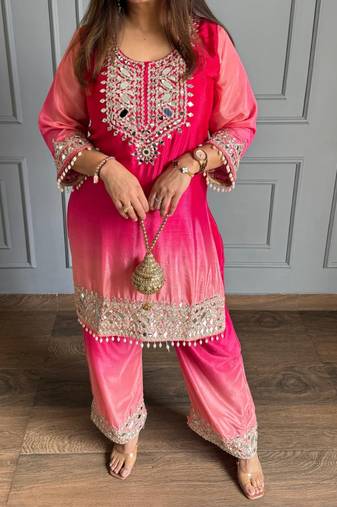 Rani pink chinon kurta pant set with real mirror work