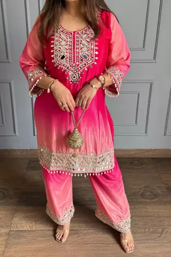 Rani pink chinon kurta pant set with real mirror work