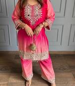 Rani pink chinon kurta pant set with real mirror work