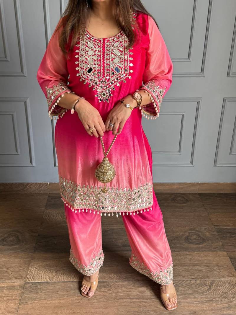 Rani pink chinon kurta pant set with real mirror work