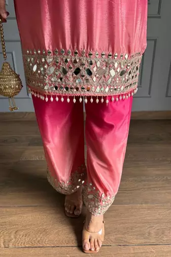 Rani pink chinon kurta pant set with real mirror work