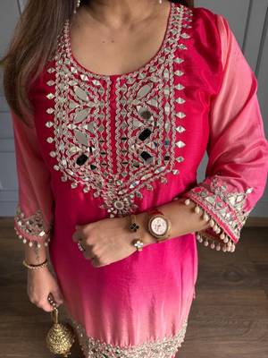 Rani pink chinon kurta pant set with real mirror work 3