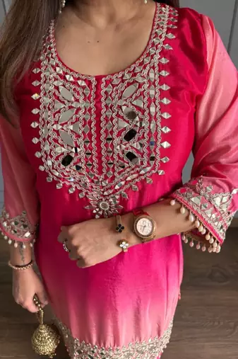 Rani pink chinon kurta pant set with real mirror work