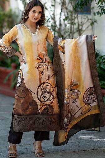 Floral Woven Design V-Neck Zari Work Straight Kurta With Trousers & Dupatta