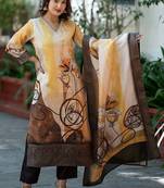 Floral Woven Design V-Neck Zari Work Straight Kurta With Trousers & Dupatta