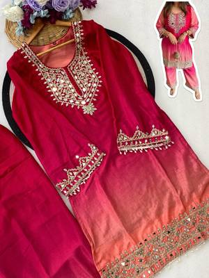 Rani pink chinon kurta pant set with real mirror work 4