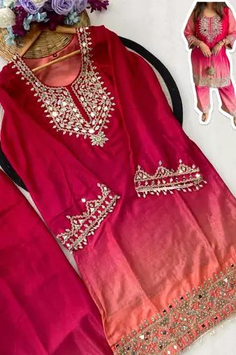 Rani pink chinon kurta pant set with real mirror work