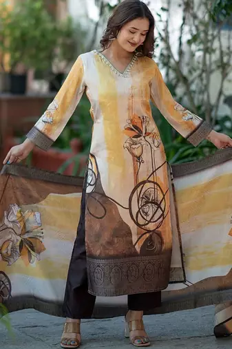 Floral Woven Design V-Neck Zari Work Straight Kurta With Trousers & Dupatta