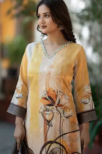 Floral Woven Design V-Neck Zari Work Straight Kurta With Trousers & Dupatta