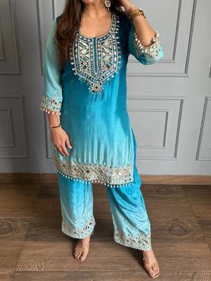 Sky blue chinon kurta pant set with real mirror work 1