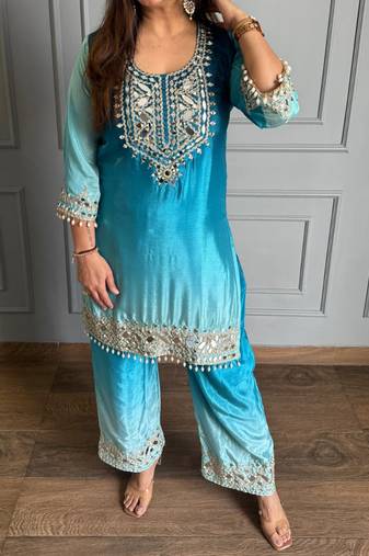 Sky blue chinon kurta pant set with real mirror work