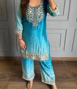 Sky blue chinon kurta pant set with real mirror work