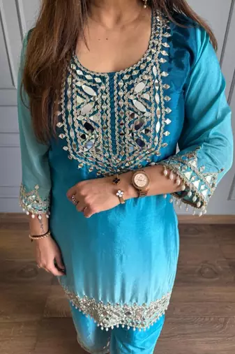 Sky blue chinon kurta pant set with real mirror work