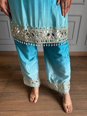 Sky blue chinon kurta pant set with real mirror work 3