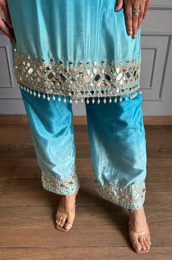 Sky blue chinon kurta pant set with real mirror work