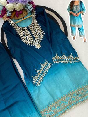 Sky blue chinon kurta pant set with real mirror work 4