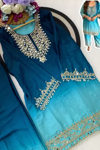 Sky blue chinon kurta pant set with real mirror work