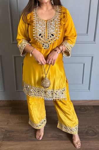 Yellow chinon kurta pant set with real mirror work