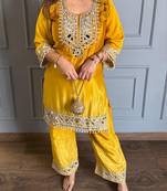 Yellow chinon kurta pant set with real mirror work