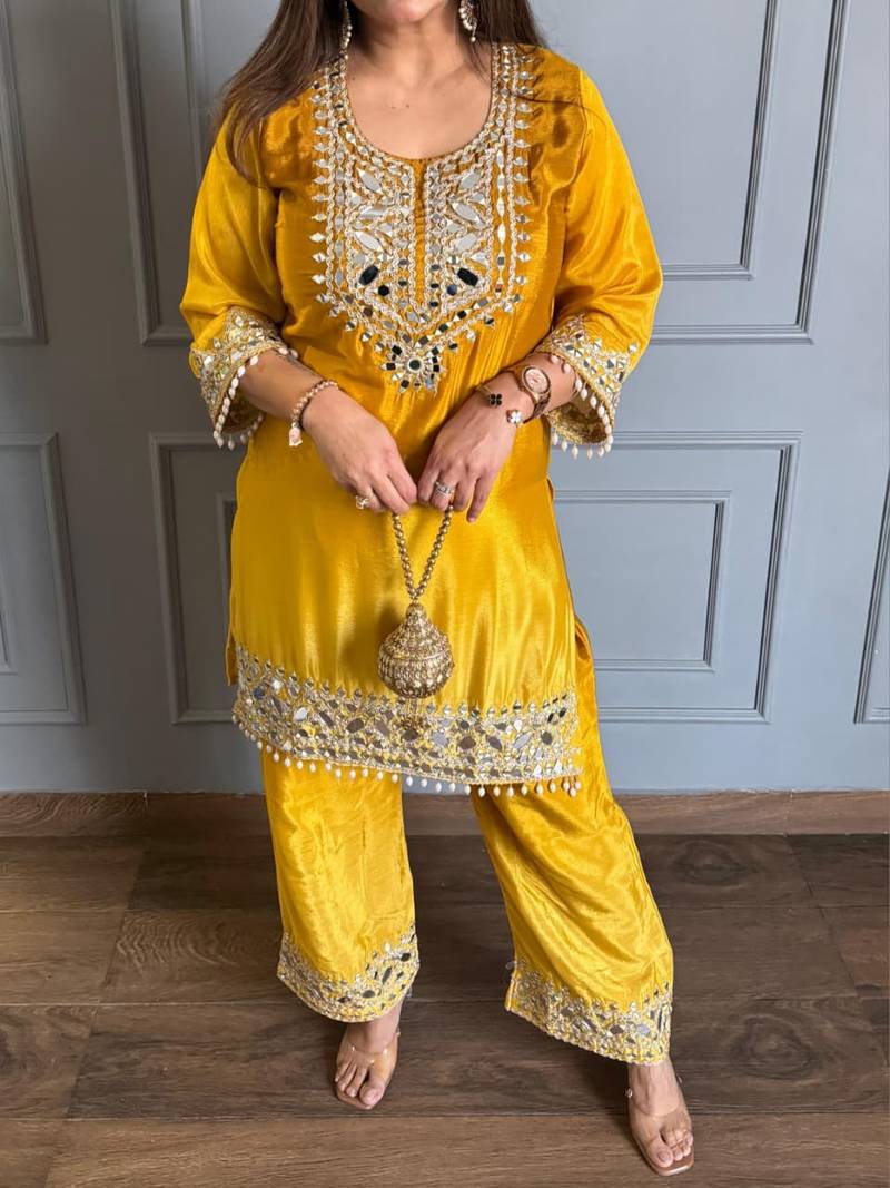 Yellow chinon kurta pant set with real mirror work