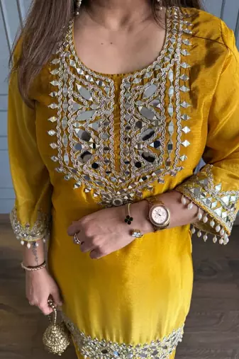 Yellow chinon kurta pant set with real mirror work